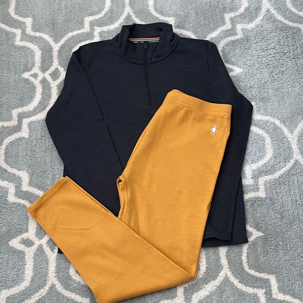 Smartwool kids charcoal Half-Zip Sweater with Mustard Pants